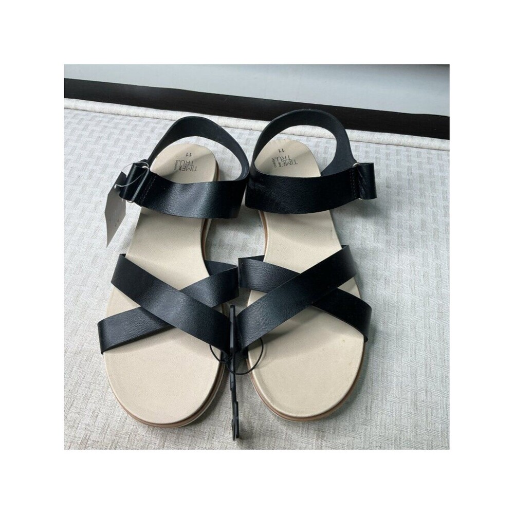 Time and Tru Black Faux Leather Criss Cross Ankle Strap Sandals Womens Size 11
